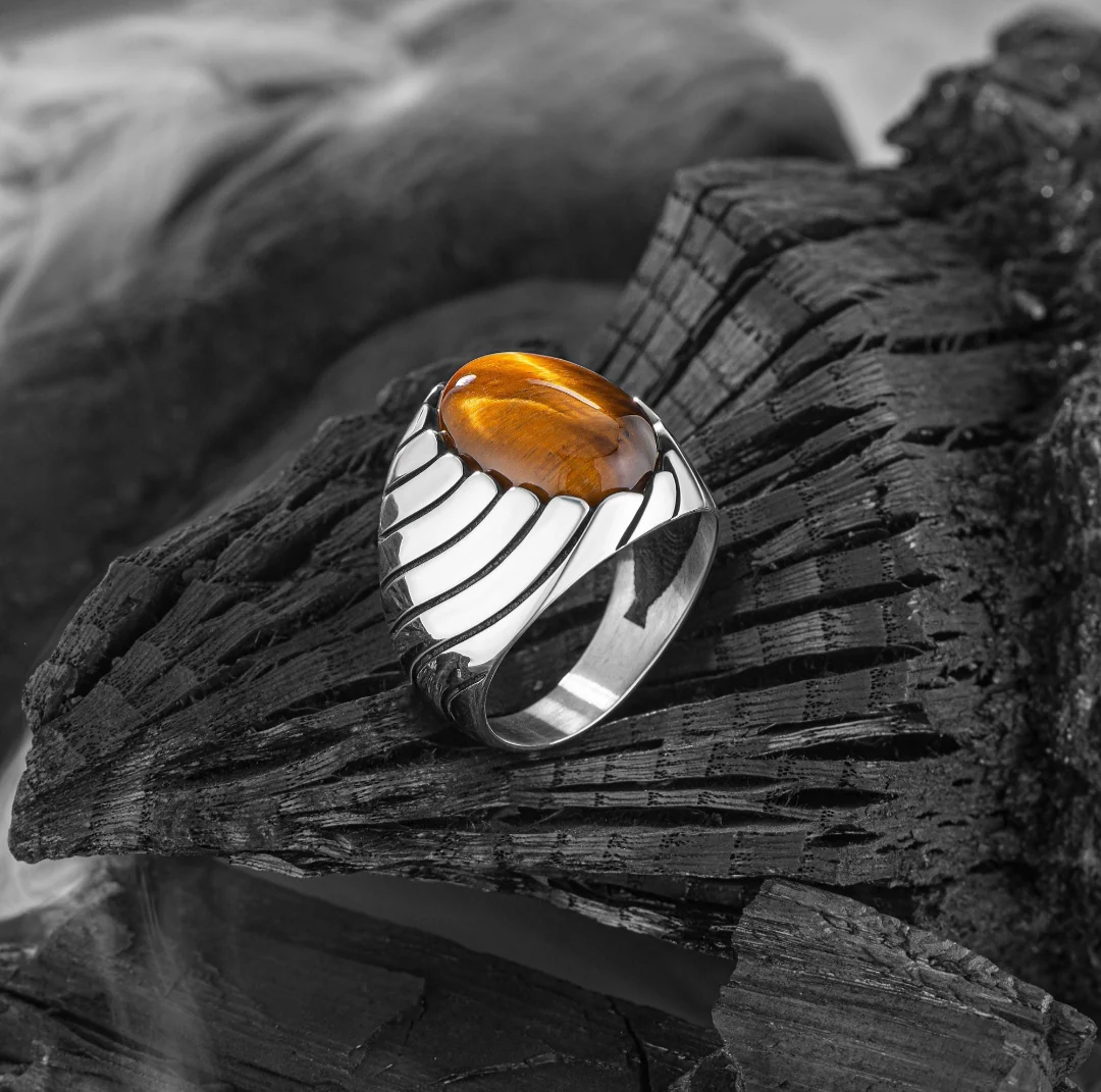 RARE PRINCE by CARAT SUTRA | Unique Designed Turkish Style Ring with Natural Tiger Eye | 925 Sterling Silver Oxidized Ring | Men's Jewelry | With Certificate of Authenticity and 925 Hallmark - Image 4