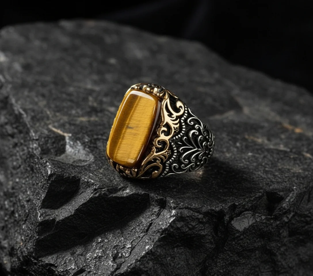 RARE PRINCE by CARAT SUTRA | Unique Designed Turkish Style Ring with Natural Tiger Eye  | 925 Sterling Silver Oxidized Ring | Men's Jewelry | With Certificate of Authenticity and 925 Hallmark