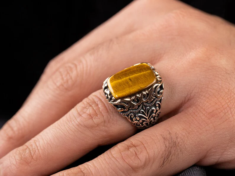 RARE PRINCE by CARAT SUTRA | Unique Designed Turkish Style Ring with Natural Tiger Eye  | 925 Sterling Silver Oxidized Ring | Men's Jewelry | With Certificate of Authenticity and 925 Hallmark - Image 3