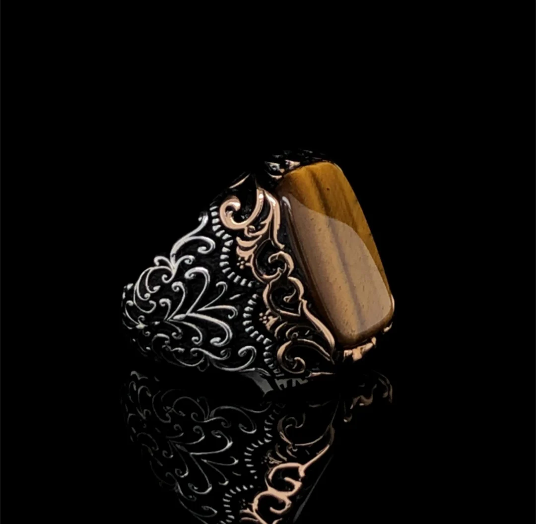 RARE PRINCE by CARAT SUTRA | Unique Designed Turkish Style Ring with Natural Tiger Eye  | 925 Sterling Silver Oxidized Ring | Men's Jewelry | With Certificate of Authenticity and 925 Hallmark - Image 4