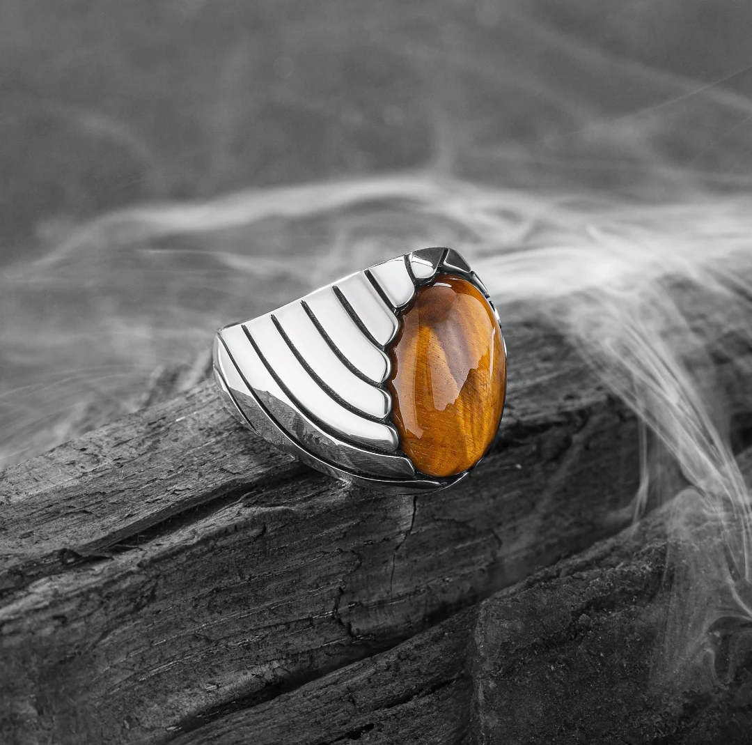 RARE PRINCE by CARAT SUTRA | Unique Designed Turkish Style Ring with Natural Tiger Eye | 925 Sterling Silver Oxidized Ring | Men's Jewelry | With Certificate of Authenticity and 925 Hallmark - Image 5