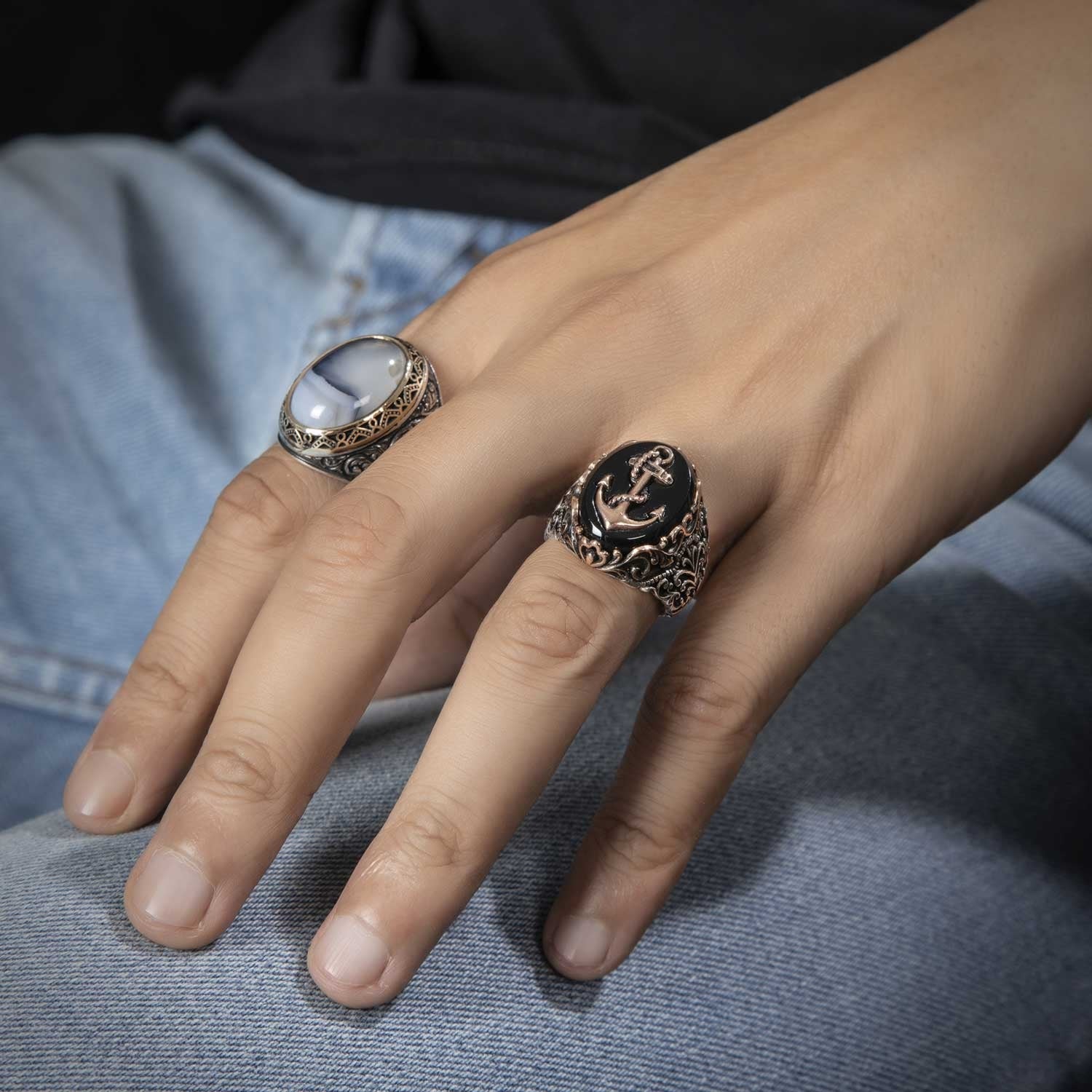RARE PRINCE by CARAT SUTRA | Unique Handmade Turkish Style Sailor's Anchor Ring with Natural Black Onyx | 925 Sterling Silver Oxidized Ring | Men's Jewelry | With Certificate of Authenticity and 925 Hallmark - Image 3