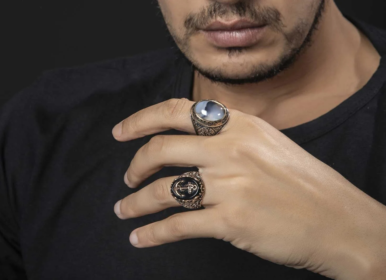 RARE PRINCE by CARAT SUTRA | Unique Handmade Turkish Style Sailor's Anchor Ring with Natural Black Onyx | 925 Sterling Silver Oxidized Ring | Men's Jewelry | With Certificate of Authenticity and 925 Hallmark - Image 4