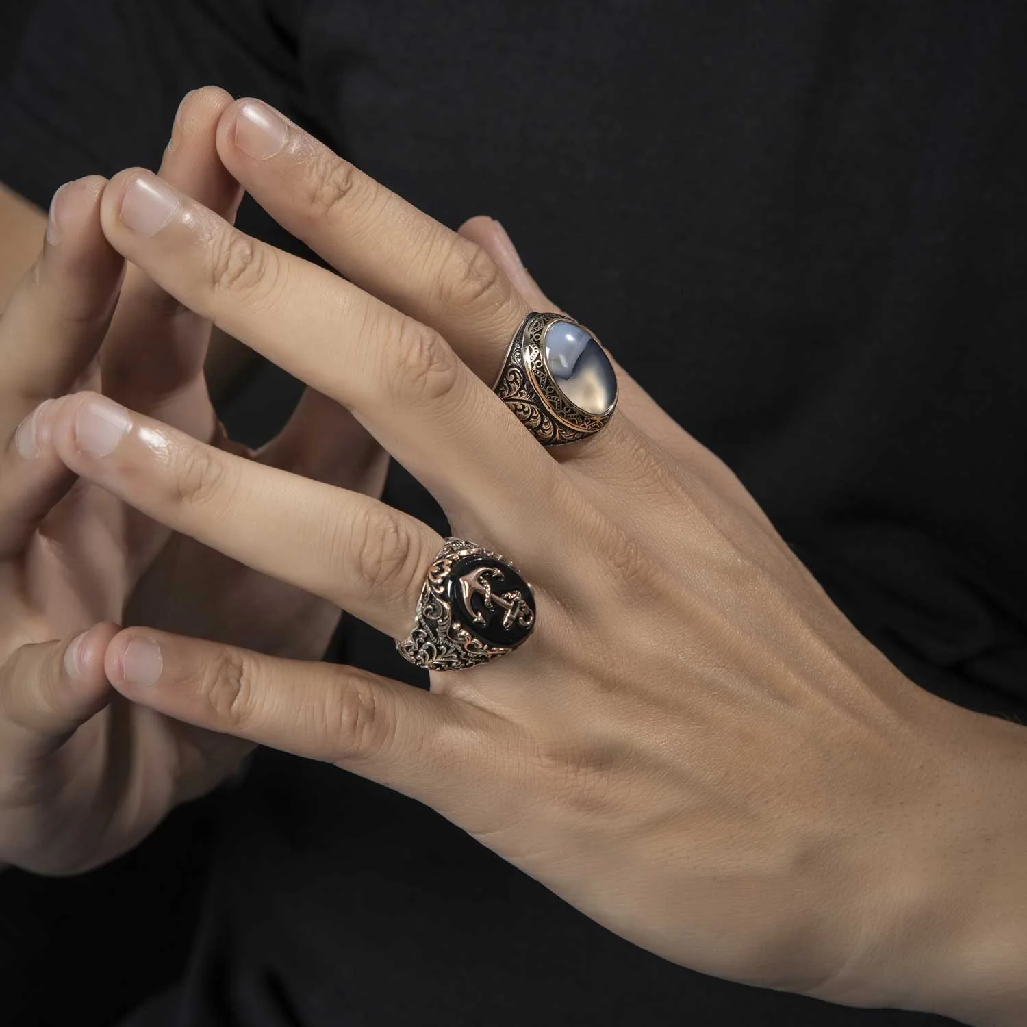 RARE PRINCE by CARAT SUTRA | Unique Handmade Turkish Style Sailor's Anchor Ring with Natural Black Onyx | 925 Sterling Silver Oxidized Ring | Men's Jewelry | With Certificate of Authenticity and 925 Hallmark - Image 5