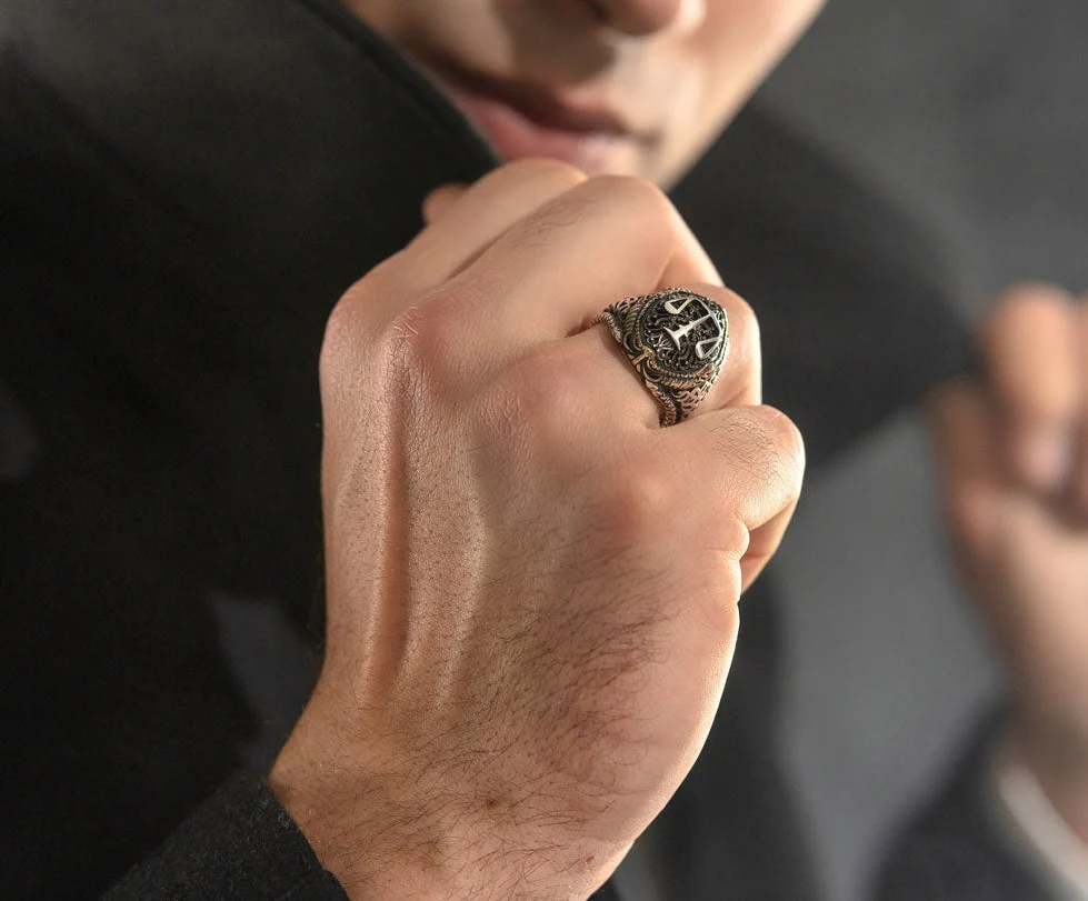 RARE PRINCE by CARAT SUTRA | Unique Handmade Turkish Style Libra Zodiac Signet Ring for Librans | 925 Sterling Silver Oxidized Ring | Men's Jewelry | With Certificate of Authenticity and 925 Hallmark - Image 4