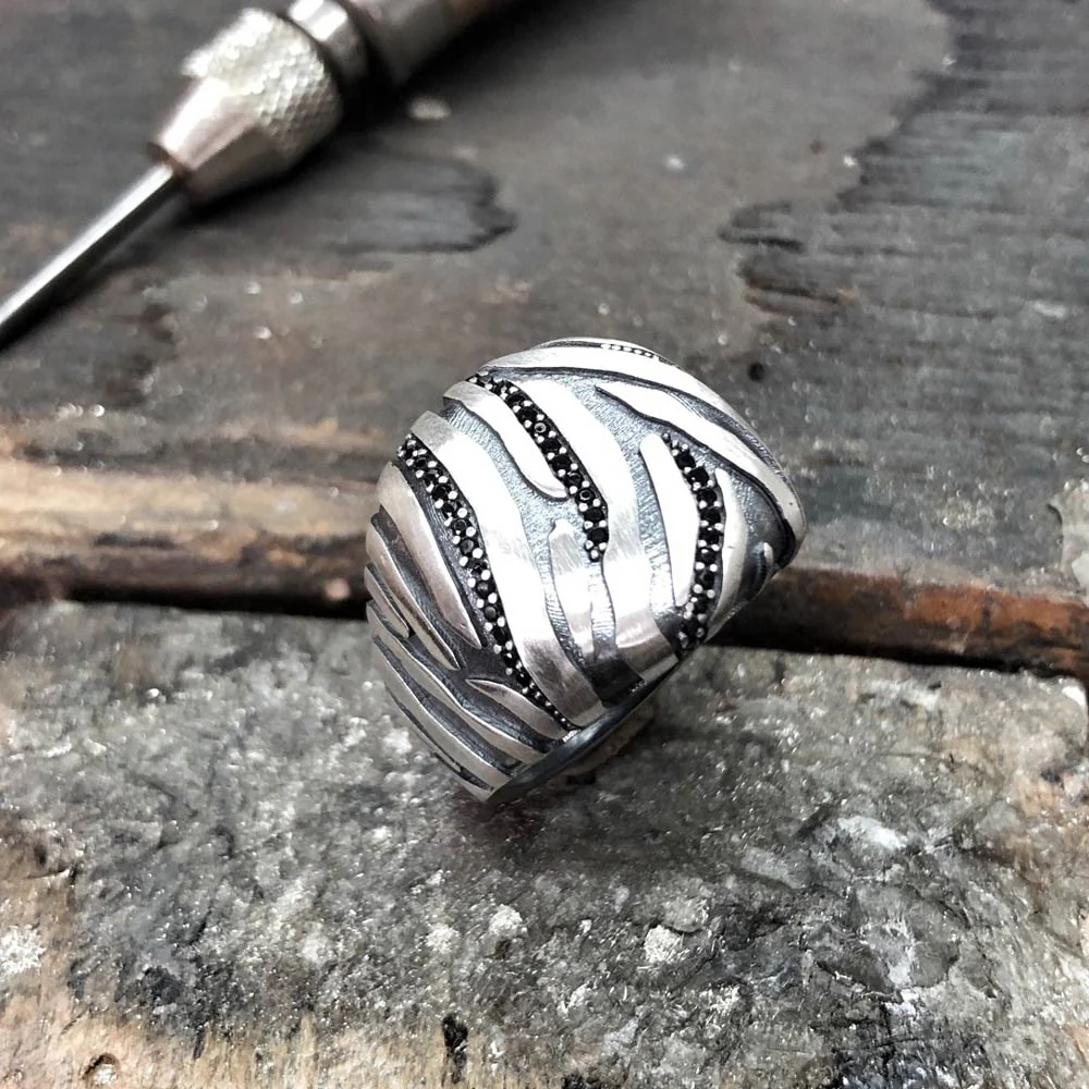 RARE PRINCE by CARAT SUTRA | Unique Handmade Turkish Style Ring with Black Zircons | 925 Sterling Silver Oxidized Ring | Men's Jewelry | With Certificate of Authenticity and 925 Hallmark