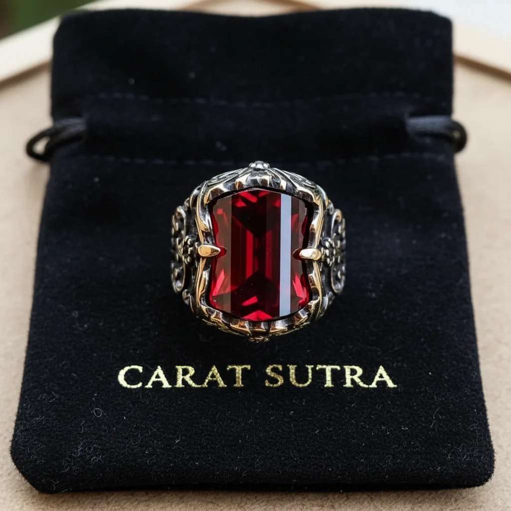 RARE PRINCE by CARAT SUTRA | Unique Designed Turkish Style Ring with Multifaceted Red Zirconia | 925 Sterling Silver Oxidized Ring | Men's Jewelry | With Certificate of Authenticity and 925 Hallmark - Image 3