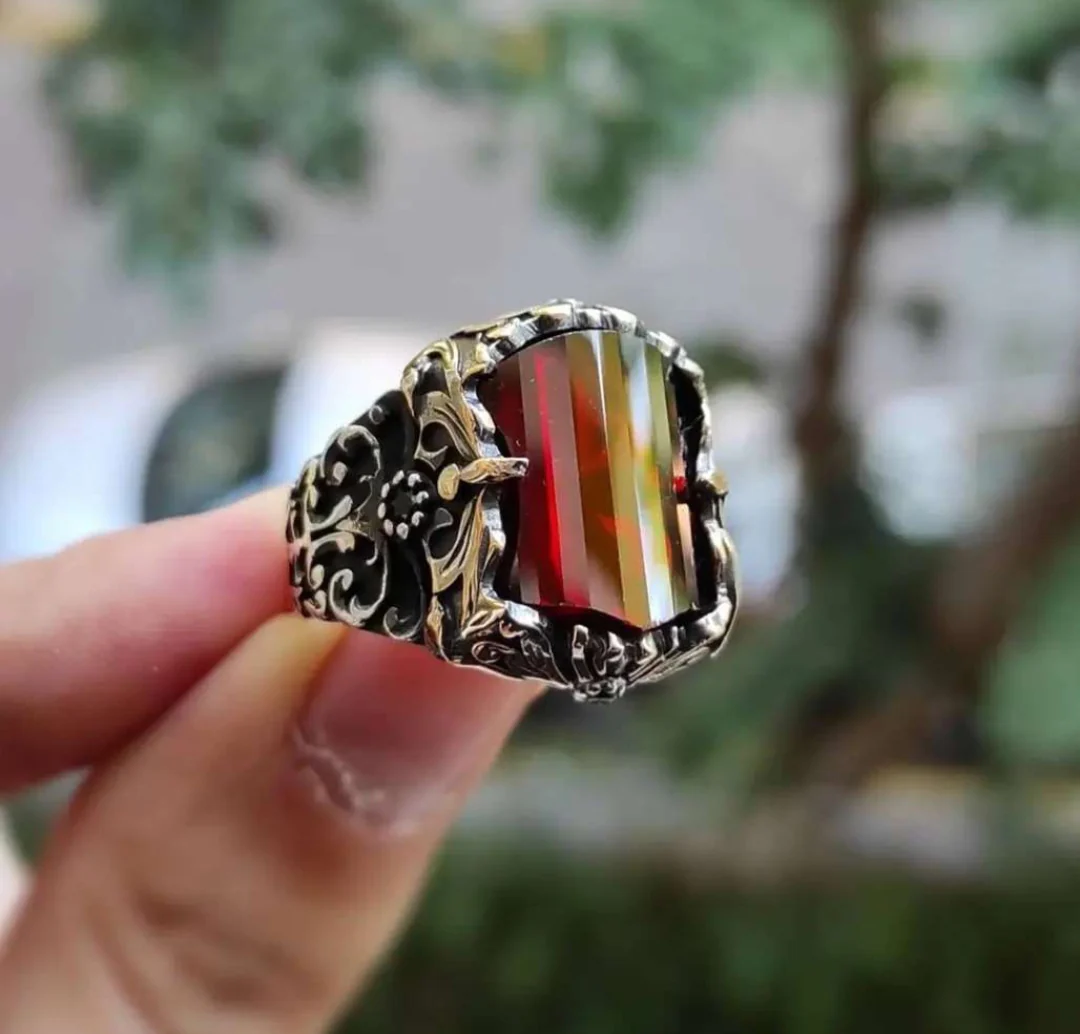 RARE PRINCE by CARAT SUTRA | Unique Designed Turkish Style Ring with Multifaceted Red Zirconia | 925 Sterling Silver Oxidized Ring | Men's Jewelry | With Certificate of Authenticity and 925 Hallmark - Image 4