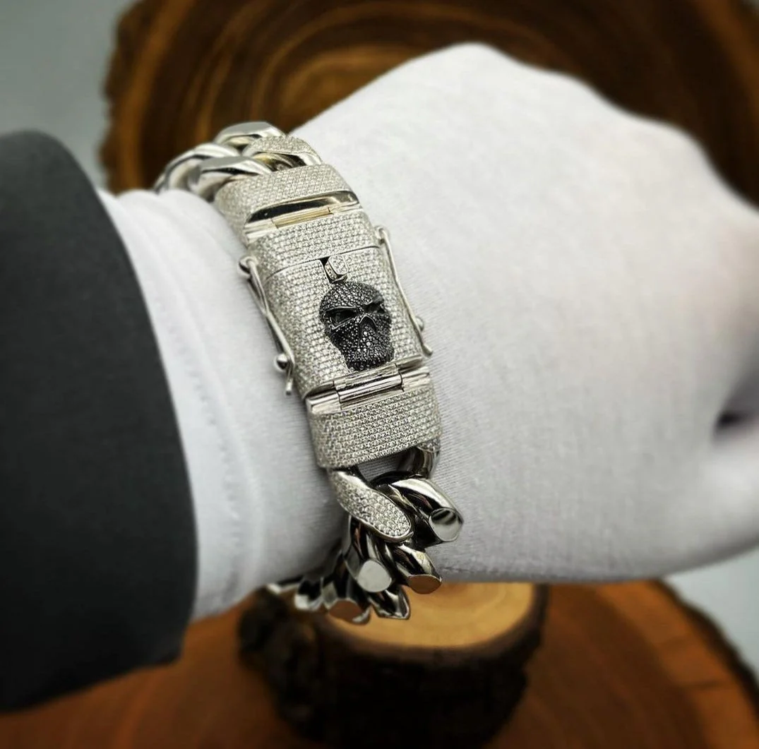 RARE PRINCE by CARAT SUTRA | Unique 16mm High Polished Solid Miami Cuban Bracelet with Iced Skull Lock for Men | 925 Sterling Silver Bracelet | Men's Jewelry | With Certificate of Authenticity and 925 Hallmark - Image 2