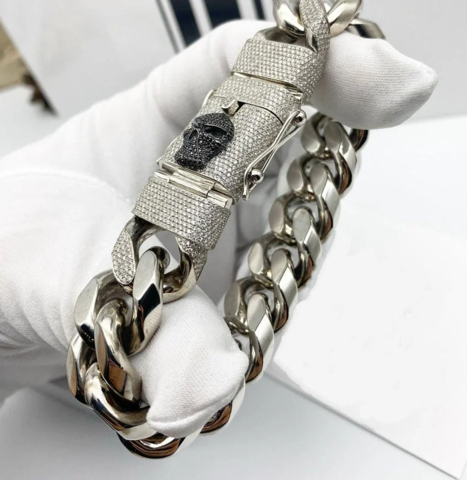 RARE PRINCE by CARAT SUTRA | Unique 16mm High Polished Solid Miami Cuban Bracelet with Iced Skull Lock for Men | 925 Sterling Silver Bracelet | Men's Jewelry | With Certificate of Authenticity and 925 Hallmark - Image 4