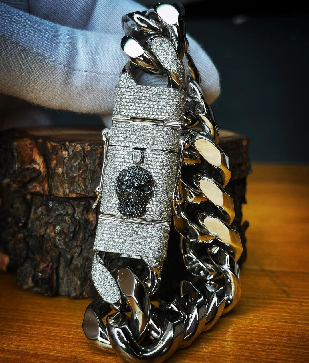 RARE PRINCE by CARAT SUTRA | Unique 19mm High Polished Solid Miami Cuban Bracelet with Iced Skull Lock for Men | 925 Sterling Silver Bracelet | Men's Jewelry | With Certificate of Authenticity and 925 Hallmark - Image 3