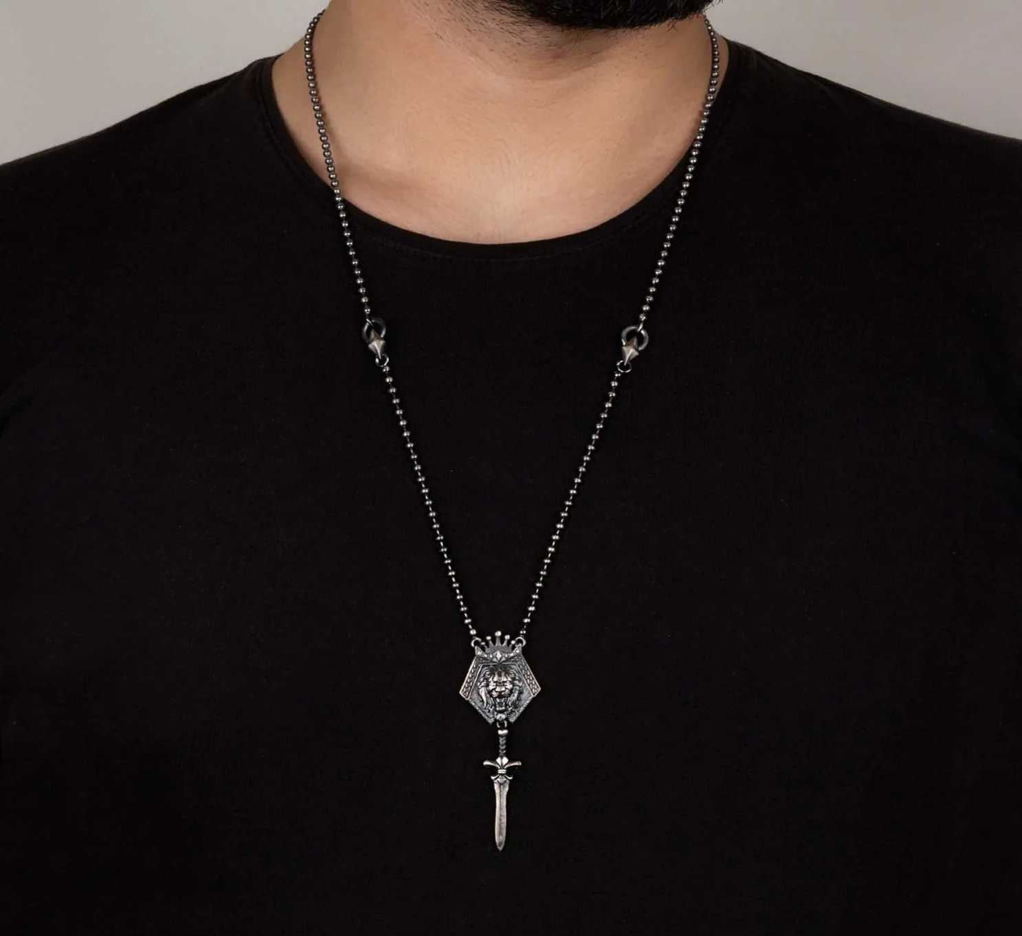 RARE PRINCE by CARAT SUTRA | Unique Designed King Lion with Sword Pendant Necklace with Ball Chain | 925 Sterling Silver Oxidized Necklace | Men's Jewelry | With Certificate of Authenticity and 925 Hallmark - Image 3