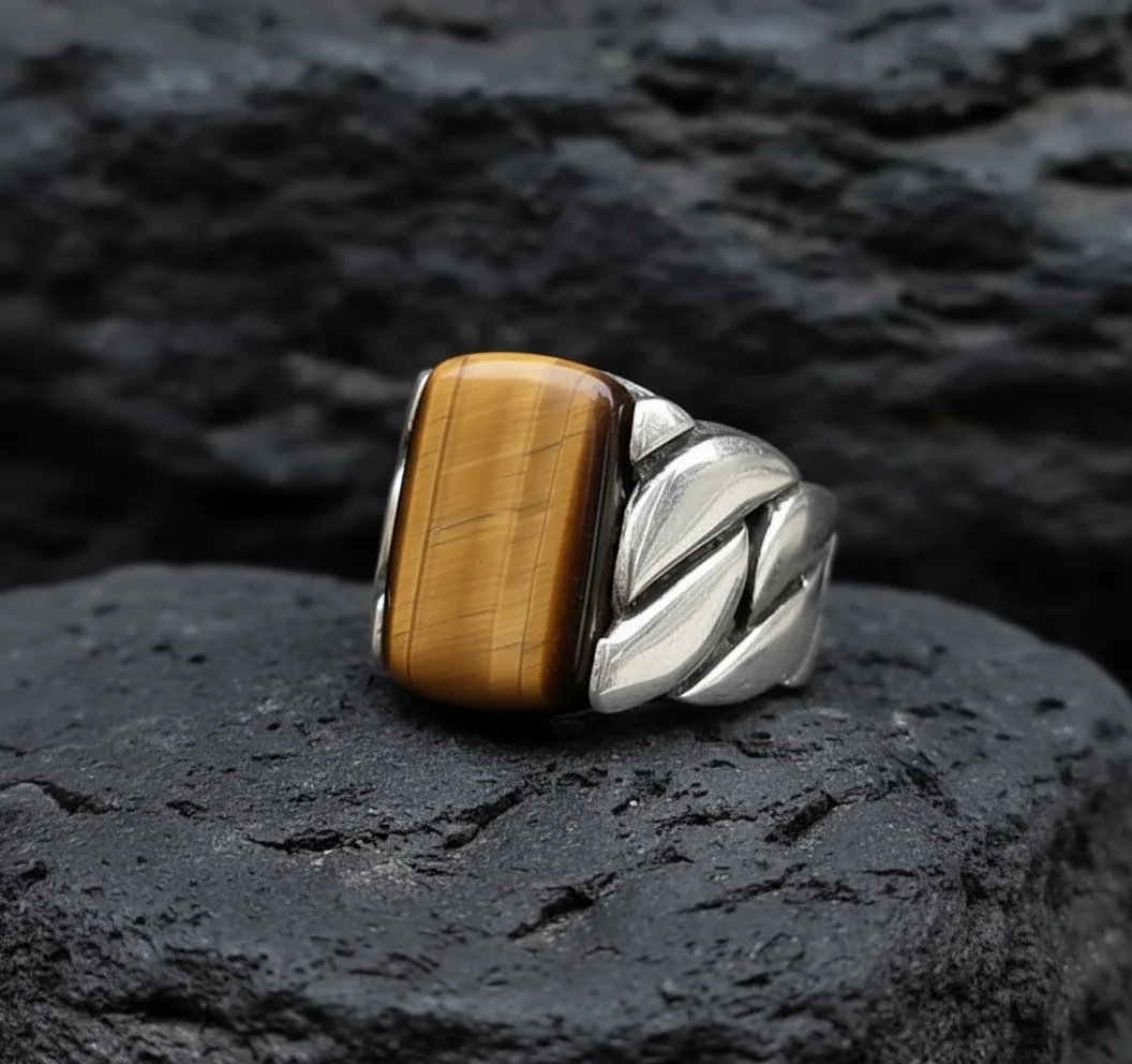 RARE PRINCE by CARAT SUTRA | Unique Turkish Braided Style Ring with Natural Tiger Eye | 925 Sterling Silver Oxidized Ring | Men's Jewelry | With Certificate of Authenticity and 925 Hallmark