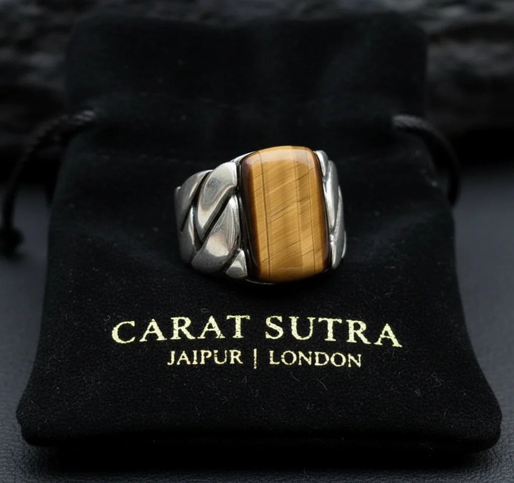 RARE PRINCE by CARAT SUTRA | Unique Turkish Braided Style Ring with Natural Tiger Eye | 925 Sterling Silver Oxidized Ring | Men's Jewelry | With Certificate of Authenticity and 925 Hallmark - Image 3