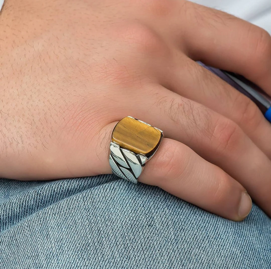 RARE PRINCE by CARAT SUTRA | Unique Turkish Braided Style Ring with Natural Tiger Eye | 925 Sterling Silver Oxidized Ring | Men's Jewelry | With Certificate of Authenticity and 925 Hallmark - Image 4