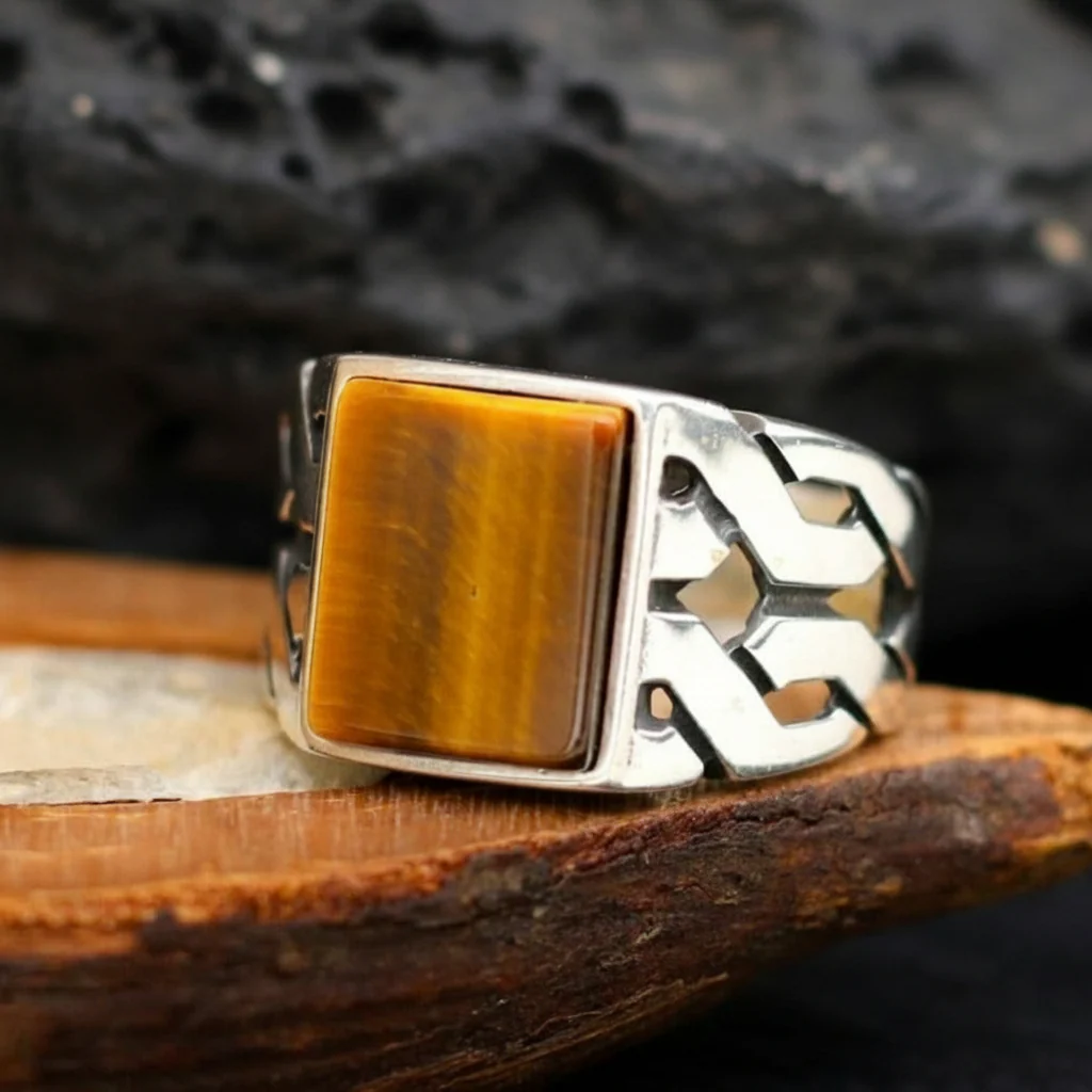 RARE PRINCE by CARAT SUTRA | Unique Turkish Gucci Style Ring with Natural Tiger Eye | 925 Sterling Silver Oxidized Ring | Men's Jewelry | With Certificate of Authenticity and 925 Hallmark
