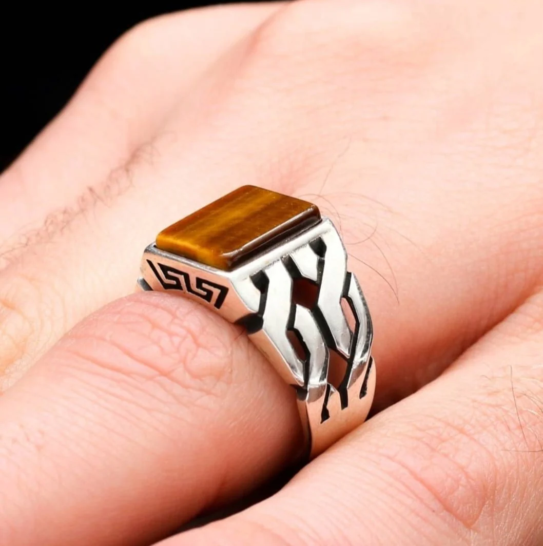 RARE PRINCE by CARAT SUTRA | Unique Turkish Gucci Style Ring with Natural Tiger Eye | 925 Sterling Silver Oxidized Ring | Men's Jewelry | With Certificate of Authenticity and 925 Hallmark - Image 2