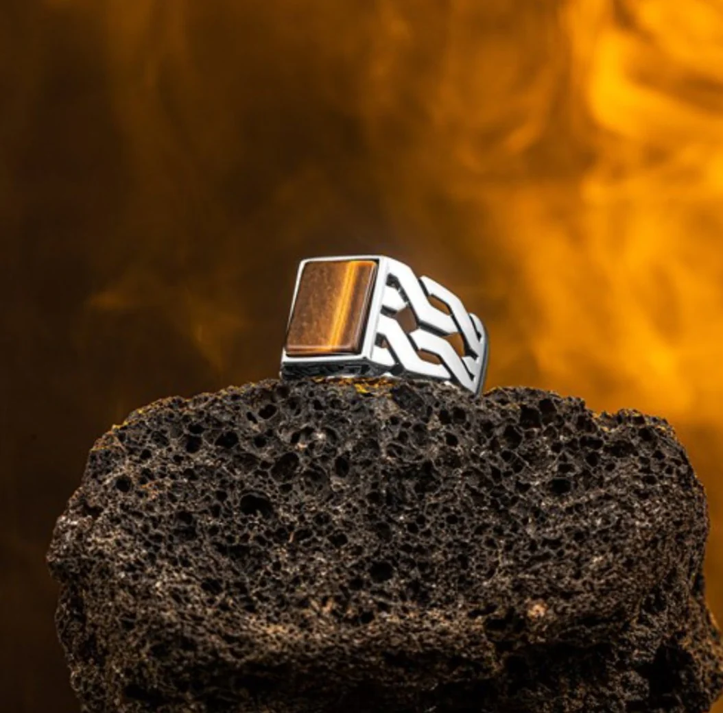 RARE PRINCE by CARAT SUTRA | Unique Turkish Gucci Style Ring with Natural Tiger Eye | 925 Sterling Silver Oxidized Ring | Men's Jewelry | With Certificate of Authenticity and 925 Hallmark - Image 4