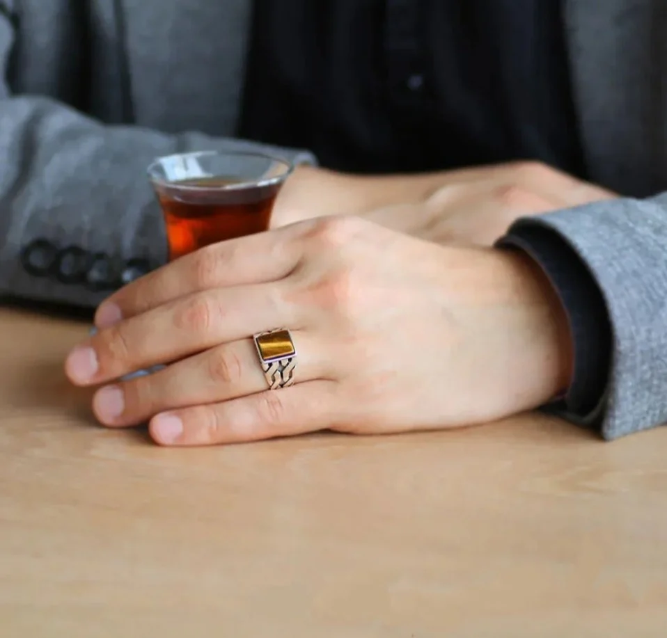 RARE PRINCE by CARAT SUTRA | Unique Turkish Gucci Style Ring with Natural Tiger Eye | 925 Sterling Silver Oxidized Ring | Men's Jewelry | With Certificate of Authenticity and 925 Hallmark - Image 5