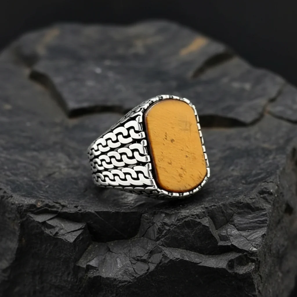 RARE PRINCE by CARAT SUTRA | Unique Turkish Gucci Style Ring with Natural Tiger Eye | 925 Sterling Silver Oxidized Ring | Men's Jewelry | With Certificate of Authenticity and 925 Hallmark