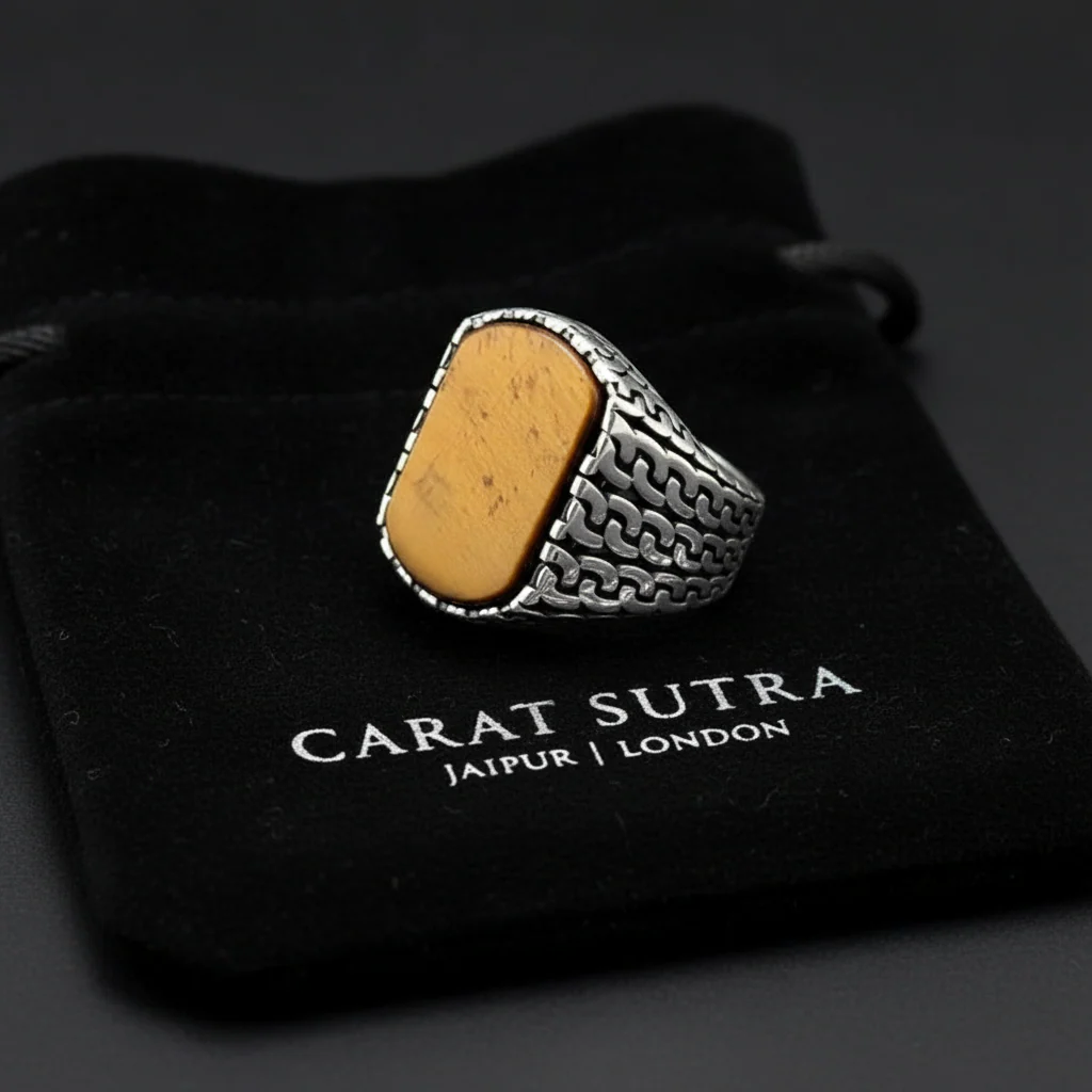 RARE PRINCE by CARAT SUTRA | Unique Turkish Gucci Style Ring with Natural Tiger Eye | 925 Sterling Silver Oxidized Ring | Men's Jewelry | With Certificate of Authenticity and 925 Hallmark - Image 2