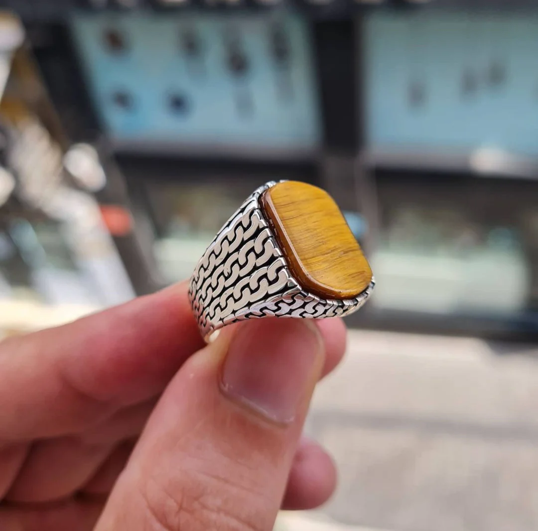 RARE PRINCE by CARAT SUTRA | Unique Turkish Gucci Style Ring with Natural Tiger Eye | 925 Sterling Silver Oxidized Ring | Men's Jewelry | With Certificate of Authenticity and 925 Hallmark - Image 3