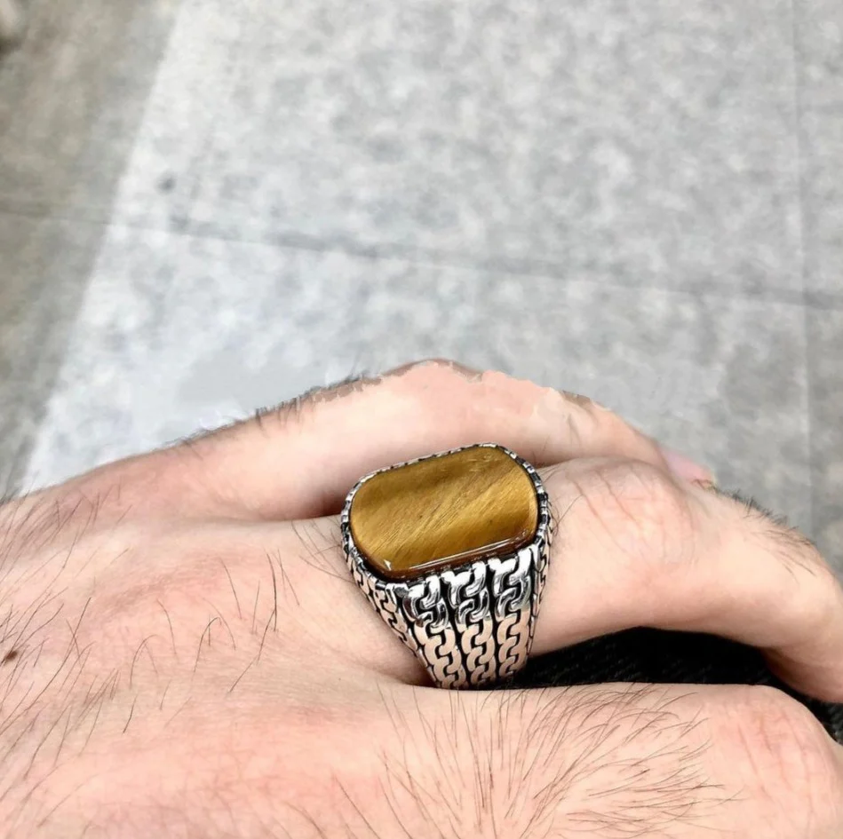 RARE PRINCE by CARAT SUTRA | Unique Turkish Gucci Style Ring with Natural Tiger Eye | 925 Sterling Silver Oxidized Ring | Men's Jewelry | With Certificate of Authenticity and 925 Hallmark - Image 4