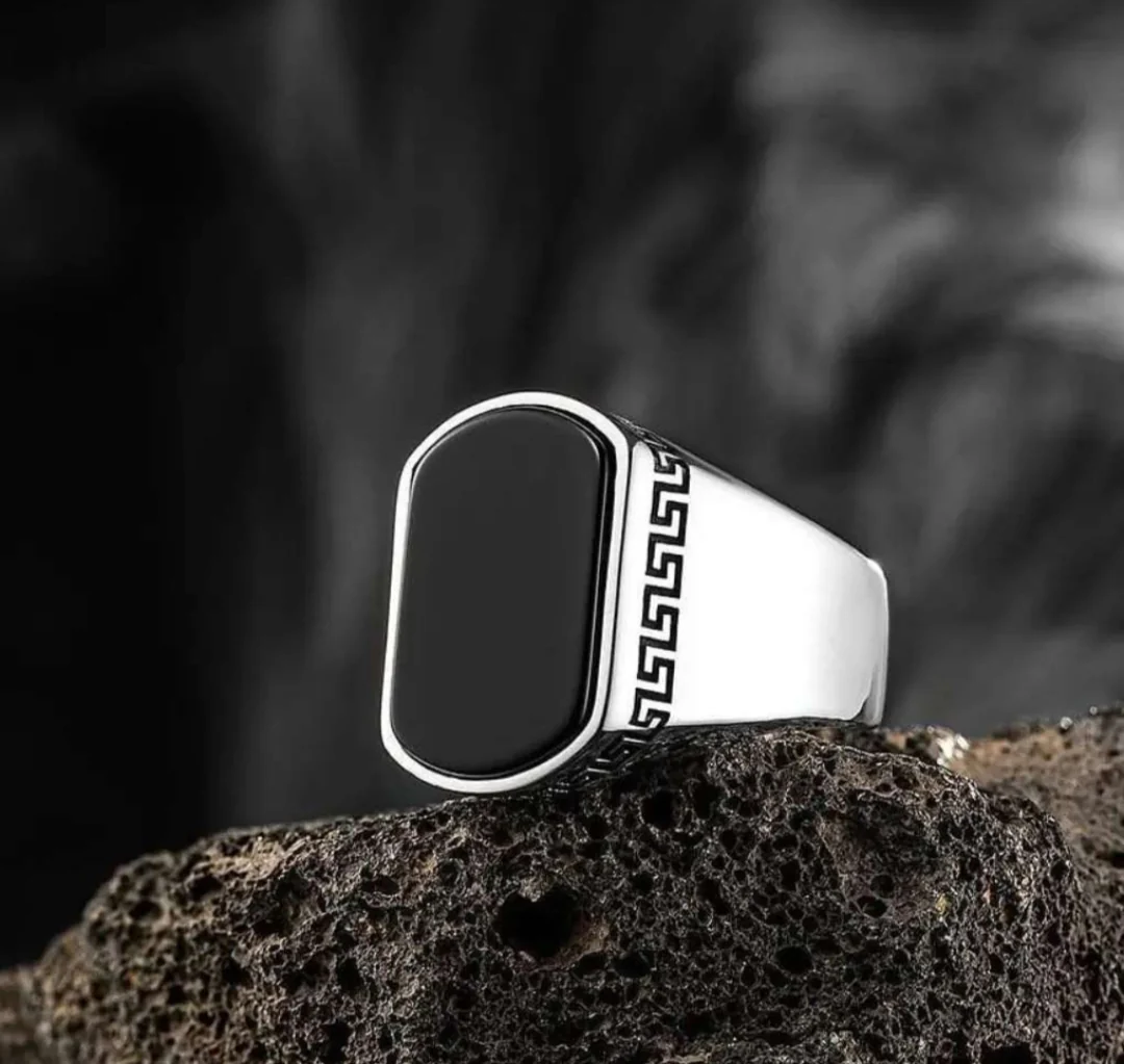 RARE PRINCE by CARAT SUTRA | Unique Turkish Style Personalized Name Initial Ring with Natural Black Onyx | 925 Sterling Silver Oxidized Ring | Men's Jewelry | With Certificate of Authenticity and 925 Hallmark