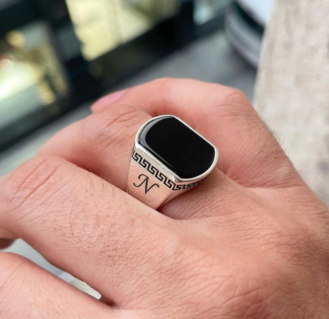 RARE PRINCE by CARAT SUTRA | Unique Turkish Style Personalized Name Initial Ring with Natural Black Onyx | 925 Sterling Silver Oxidized Ring | Men's Jewelry | With Certificate of Authenticity and 925 Hallmark - Image 3