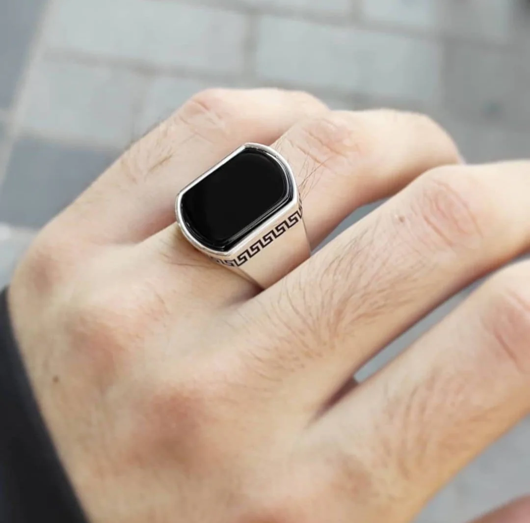 RARE PRINCE by CARAT SUTRA | Unique Turkish Style Personalized Name Initial Ring with Natural Black Onyx | 925 Sterling Silver Oxidized Ring | Men's Jewelry | With Certificate of Authenticity and 925 Hallmark - Image 7