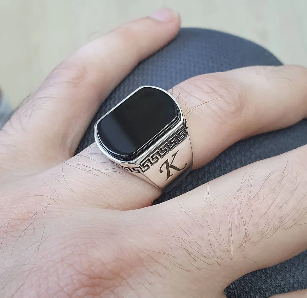 RARE PRINCE by CARAT SUTRA | Unique Turkish Style Personalized Name Initial Ring with Natural Black Onyx | 925 Sterling Silver Oxidized Ring | Men's Jewelry | With Certificate of Authenticity and 925 Hallmark - Image 8