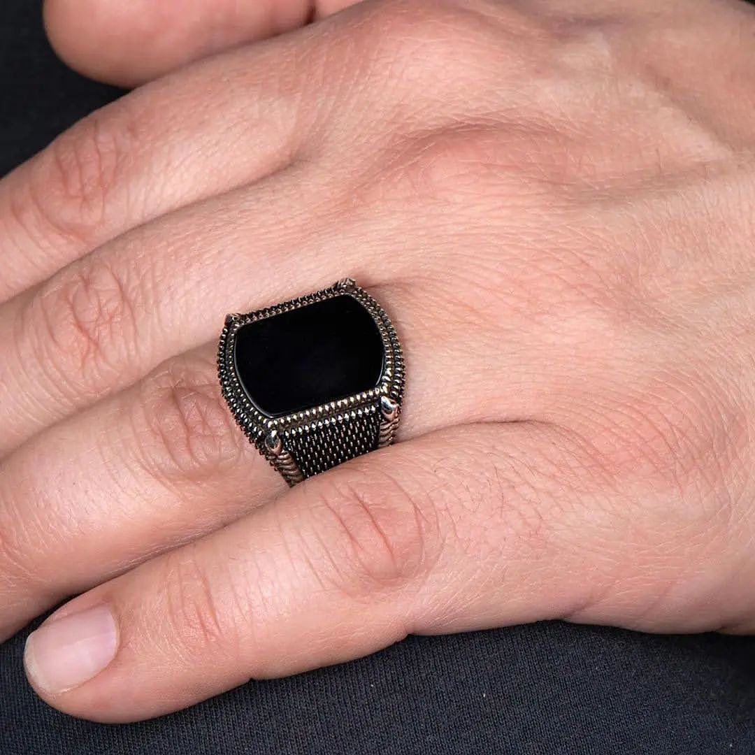 RARE PRINCE by CARAT SUTRA | Unique Turkish Style Ring with Natural Black Onyx | 925 Sterling Silver Oxidized Ring | Men's Jewelry | With Certificate of Authenticity and 925 Hallmark - Image 4