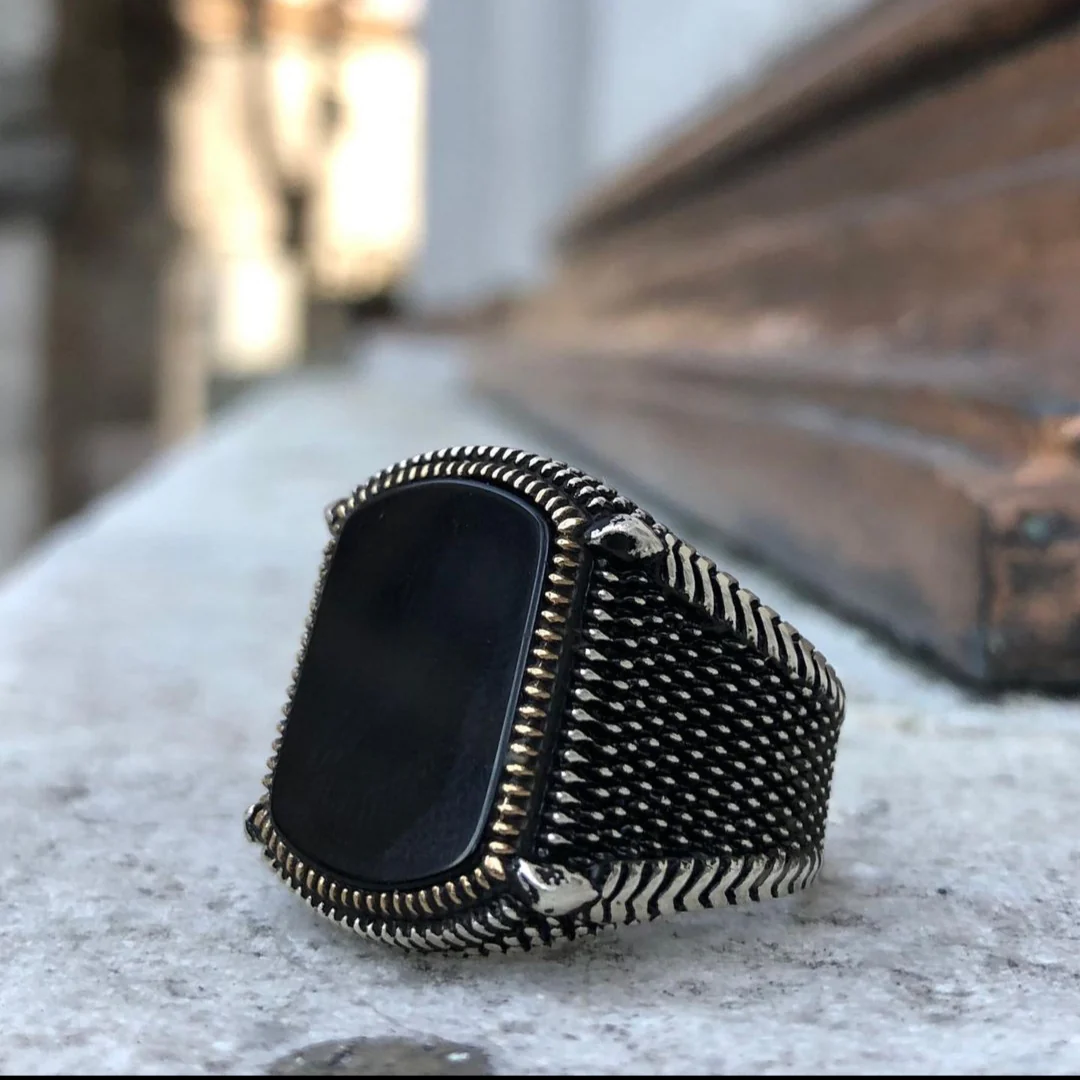 RARE PRINCE by CARAT SUTRA | Unique Turkish Style Ring with Natural Black Onyx | 925 Sterling Silver Oxidized Ring | Men's Jewelry | With Certificate of Authenticity and 925 Hallmark - Image 5