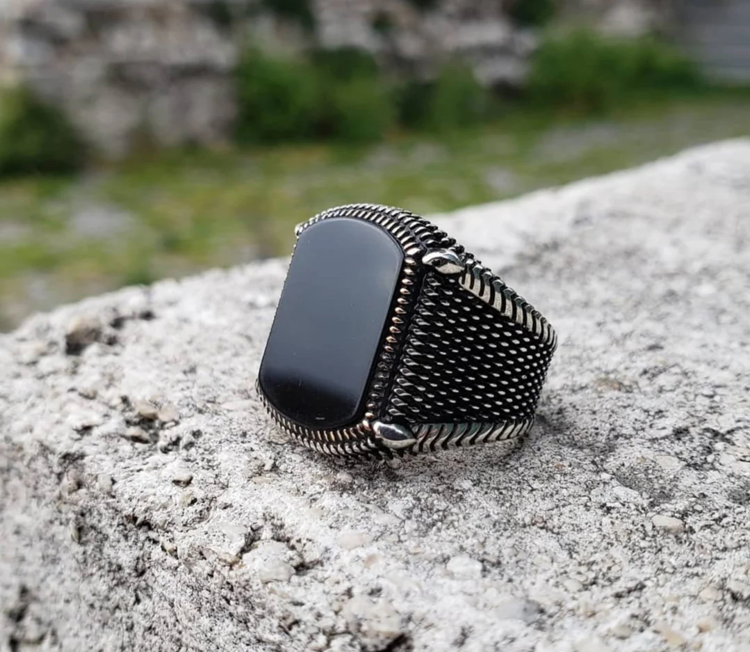 RARE PRINCE by CARAT SUTRA | Unique Turkish Style Ring with Natural Black Onyx | 925 Sterling Silver Oxidized Ring | Men's Jewelry | With Certificate of Authenticity and 925 Hallmark - Image 6