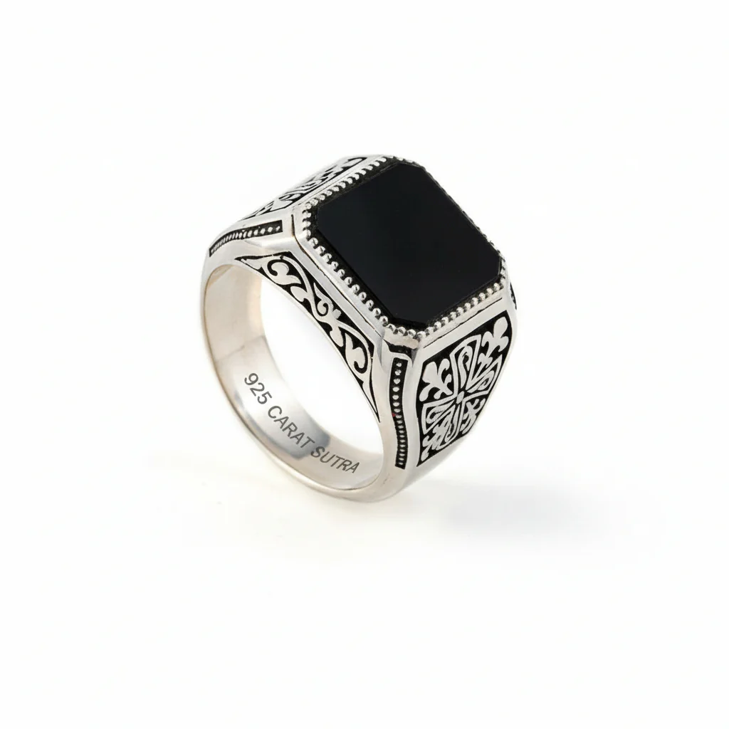 RARE PRINCE by CARAT SUTRA | Unique Turkish Style Ring with Natural Black Onyx | 925 Sterling Silver Oxidized Ring | Men's Jewelry | With Certificate of Authenticity and 925 Hallmark - Image 3