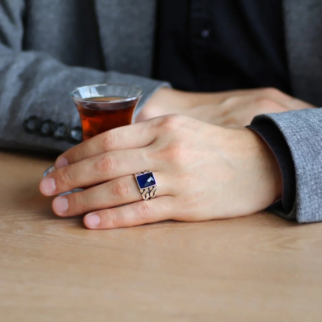 RARE PRINCE by CARAT SUTRA | Unique Turkish Gucci Style Ring with Faceted Blue S Sapphire | 925 Sterling Silver Oxidized Ring | Men's Jewelry | With Certificate of Authenticity and 925 Hallmark - Image 3