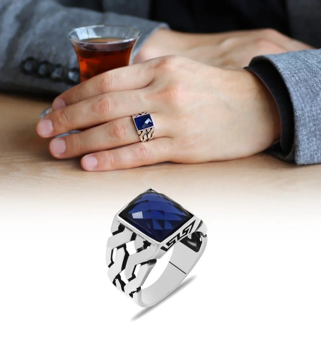 RARE PRINCE by CARAT SUTRA | Unique Turkish Gucci Style Ring with Faceted Blue S Sapphire | 925 Sterling Silver Oxidized Ring | Men's Jewelry | With Certificate of Authenticity and 925 Hallmark - Image 5