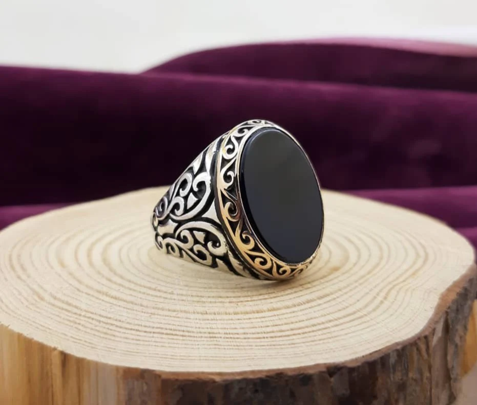 RARE PRINCE by CARAT SUTRA | Unique Turkish Style Ring with Natural Black Onyx | 925 Sterling Silver Oxidized Ring | Men's Jewelry | With Certificate of Authenticity and 925 Hallmark