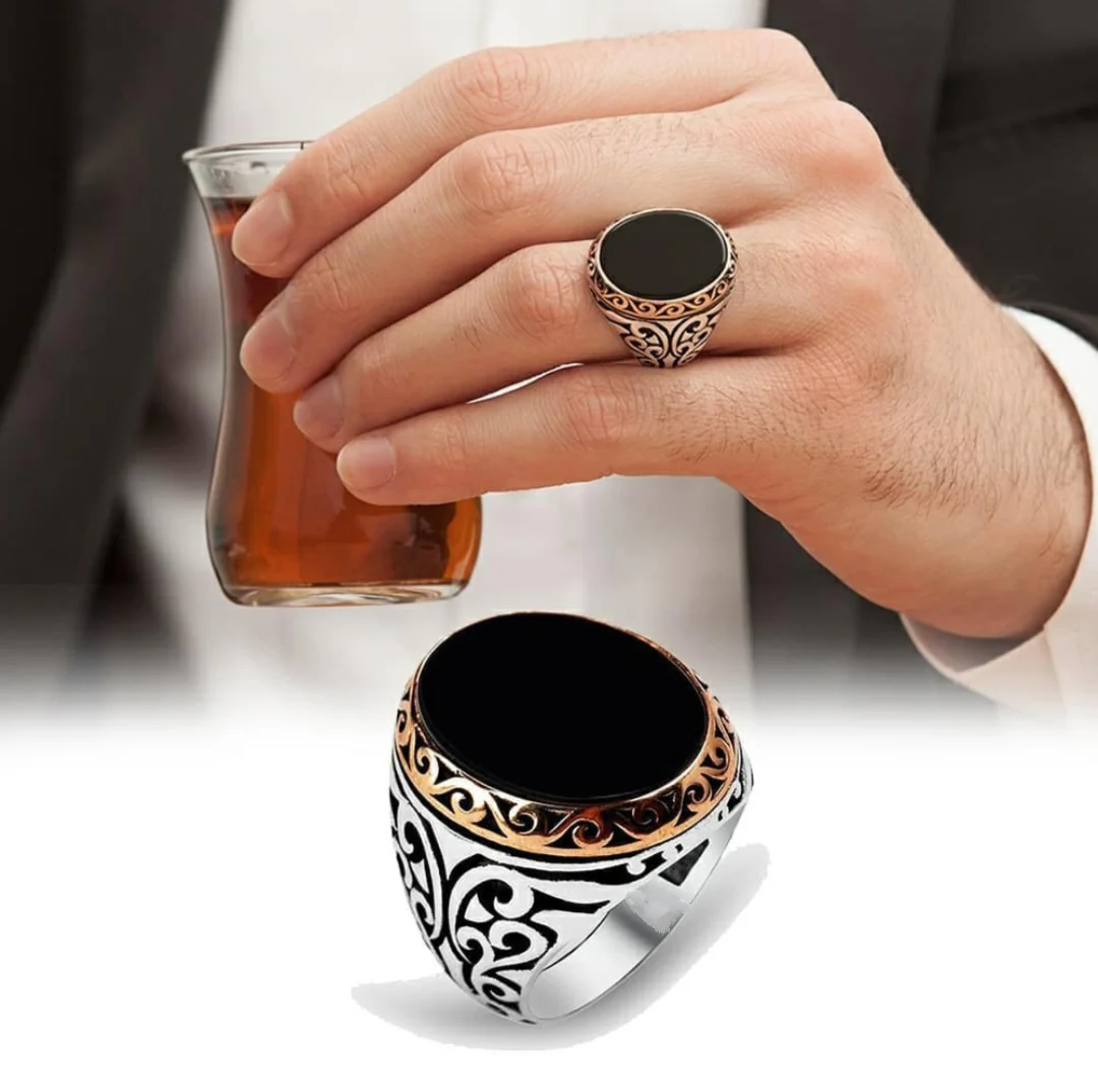 RARE PRINCE by CARAT SUTRA | Unique Turkish Style Ring with Natural Black Onyx | 925 Sterling Silver Oxidized Ring | Men's Jewelry | With Certificate of Authenticity and 925 Hallmark - Image 3