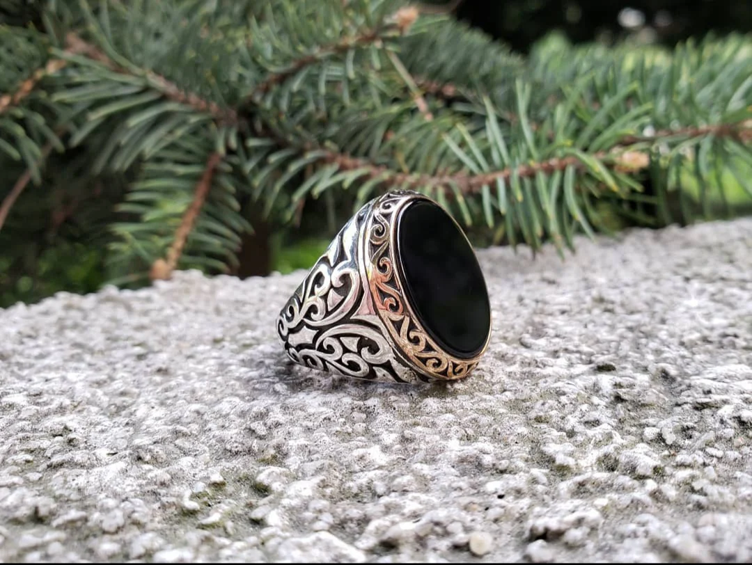 RARE PRINCE by CARAT SUTRA | Unique Turkish Style Ring with Natural Black Onyx | 925 Sterling Silver Oxidized Ring | Men's Jewelry | With Certificate of Authenticity and 925 Hallmark - Image 4