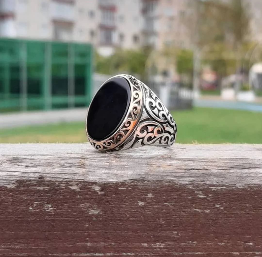 RARE PRINCE by CARAT SUTRA | Unique Turkish Style Ring with Natural Black Onyx | 925 Sterling Silver Oxidized Ring | Men's Jewelry | With Certificate of Authenticity and 925 Hallmark - Image 5