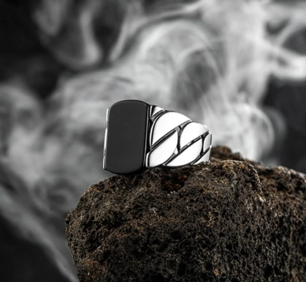RARE PRINCE by CARAT SUTRA | Unique Turkish Braided Style Ring with Natural Black Onyx | 925 Sterling Silver Oxidized Ring | Men's Jewelry | With Certificate of Authenticity and 925 Hallmark