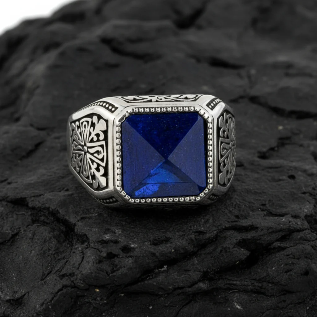 RARE PRINCE by CARAT SUTRA | Unique Turkish Style Ring with Natural Lapis Lazuli | 925 Sterling Silver Oxidized Ring | Men's Jewelry | With Certificate of Authenticity and 925 Hallmark