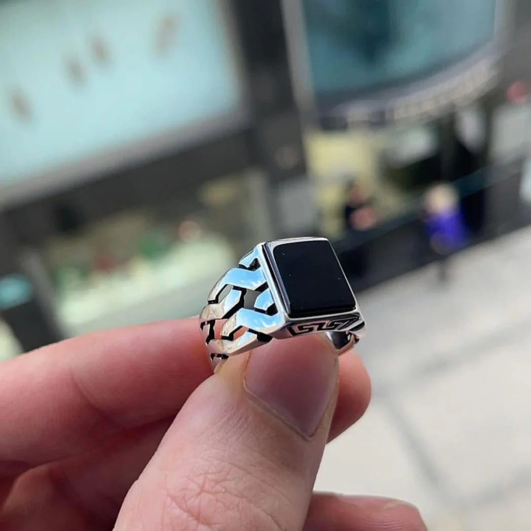 RARE PRINCE by CARAT SUTRA | Unique Turkish Gucci Style Ring with Natural Black Onyx | 925 Sterling Silver Oxidized Ring | Men's Jewelry | With Certificate of Authenticity and 925 Hallmark