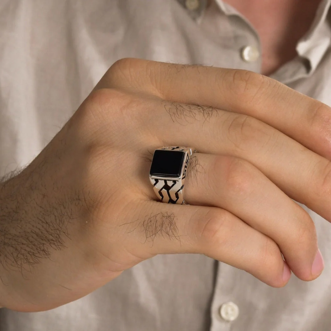 RARE PRINCE by CARAT SUTRA | Unique Turkish Gucci Style Ring with Natural Black Onyx | 925 Sterling Silver Oxidized Ring | Men's Jewelry | With Certificate of Authenticity and 925 Hallmark - Image 3