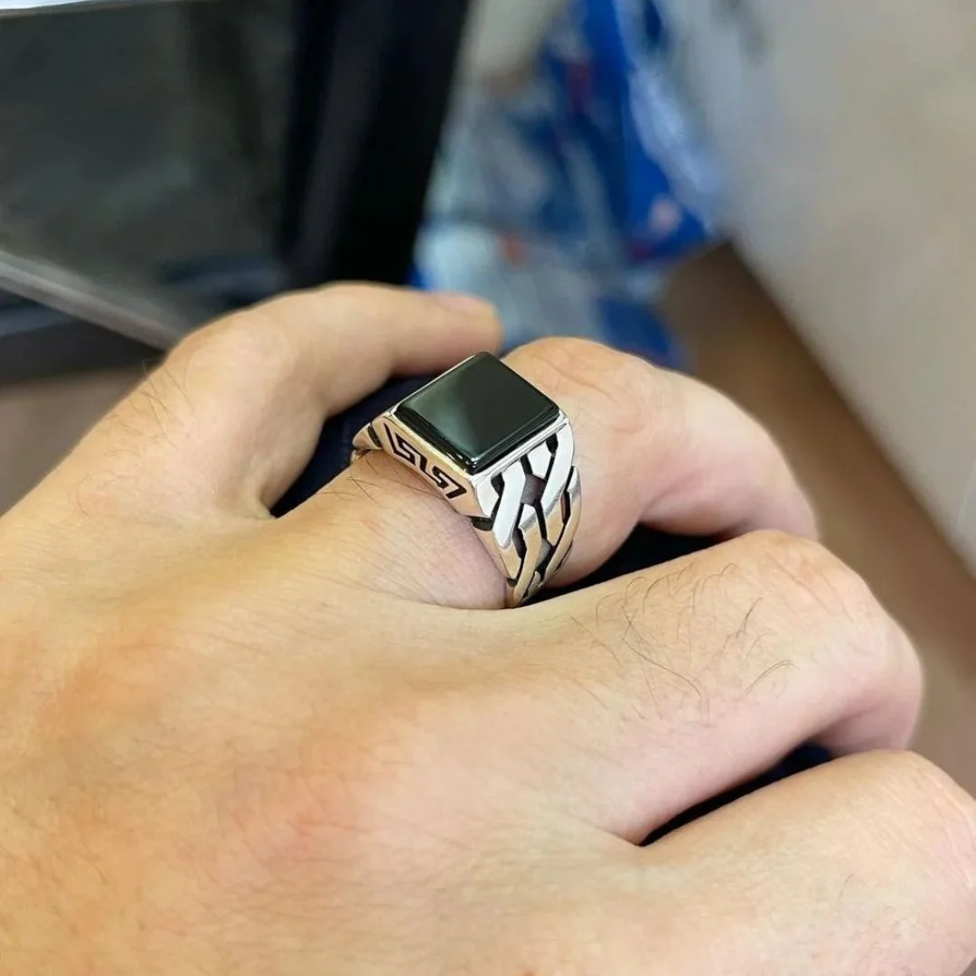 RARE PRINCE by CARAT SUTRA | Unique Turkish Gucci Style Ring with Natural Black Onyx | 925 Sterling Silver Oxidized Ring | Men's Jewelry | With Certificate of Authenticity and 925 Hallmark - Image 4