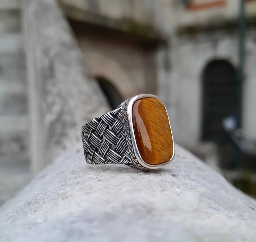 RARE PRINCE by CARAT SUTRA | Unique Turkish Style Ring with Natural Tiger Eye | 925 Sterling Silver Oxidized Ring | Men's Jewelry | With Certificate of Authenticity and 925 Hallmark