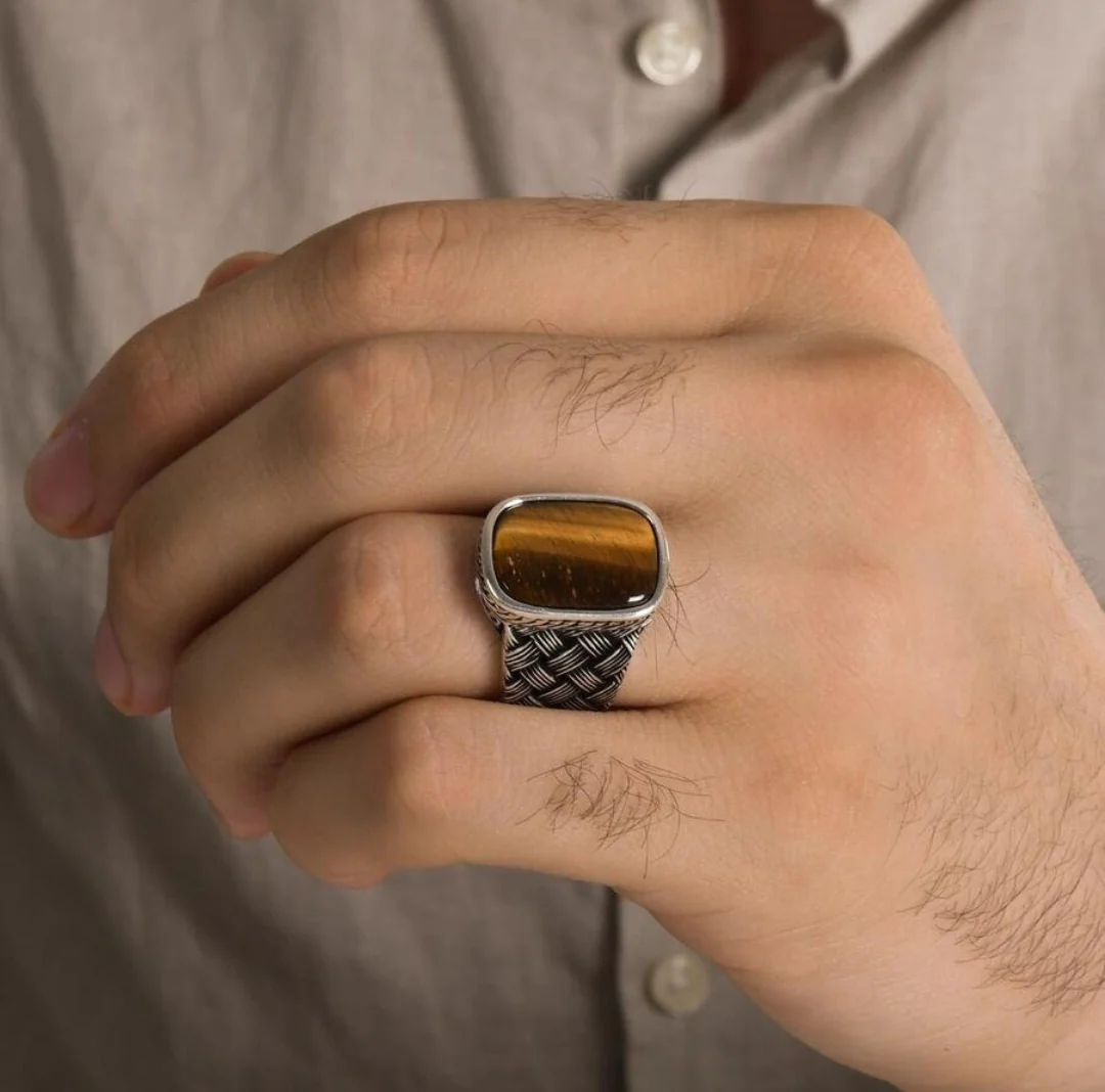 RARE PRINCE by CARAT SUTRA | Unique Turkish Style Ring with Natural Tiger Eye | 925 Sterling Silver Oxidized Ring | Men's Jewelry | With Certificate of Authenticity and 925 Hallmark - Image 2