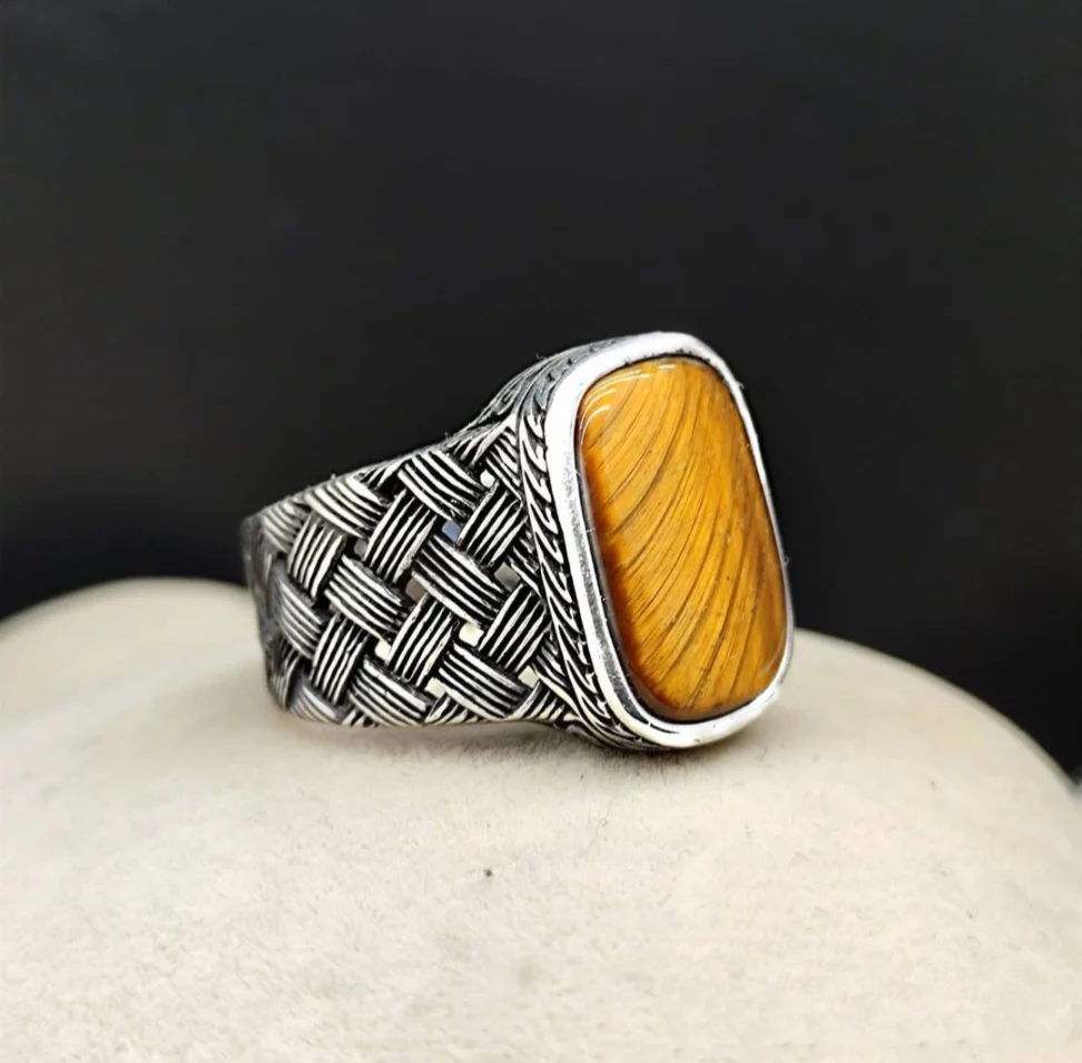 RARE PRINCE by CARAT SUTRA | Unique Turkish Style Ring with Natural Tiger Eye | 925 Sterling Silver Oxidized Ring | Men's Jewelry | With Certificate of Authenticity and 925 Hallmark - Image 6