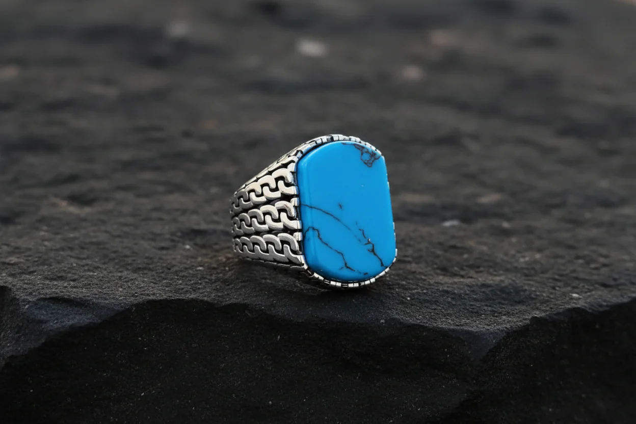 RARE PRINCE by CARAT SUTRA | Unique Turkish Gucci Style Ring with Natural Irani Turquoise (Firoza) | 925 Sterling Silver Oxidized Ring | Men's Jewelry | With Certificate of Authenticity and 925 Hallmark
